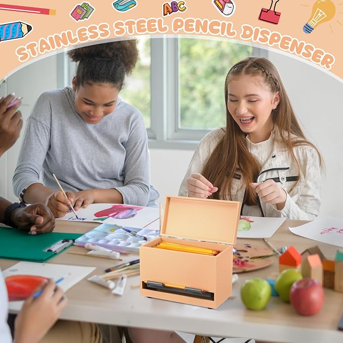 Yalikop 1 Pc Wooden Pencil Dispenser for Classroom Pastel Wood Pencils Holder for up to 200 Pencils Reusable Straw Dispenser for Home Office Teachers Supplies Storage (Classic,Orange)