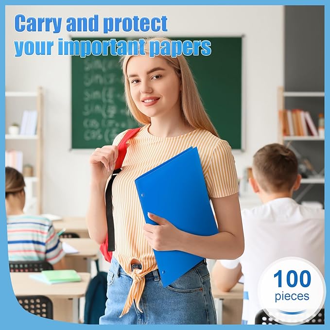 Yeaqee 100 Pcs Plastic Folders with Pockets Bulk 3 Hole Punched 2 Pocket File Folders for 3 Ring Binder Divider Folder for Notebooks, Durable Poly for Office Home (Blue)