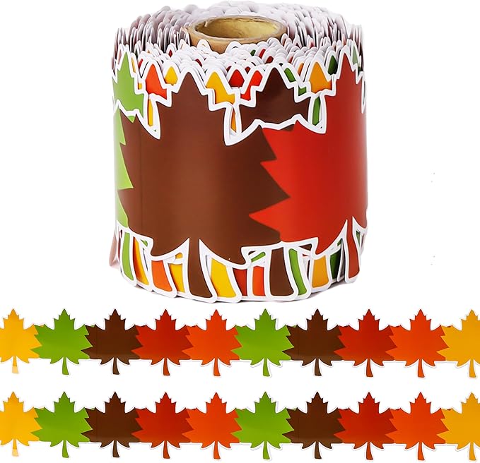 66 ft Fall Bulletin Board Borders Maple Leaves Shape die-Cut Border Trim Paper Cutouts roll 5 Colors Autumn Leaves Border Trim Decoration for Thanksgiving Autumn Harvest Party School Decor