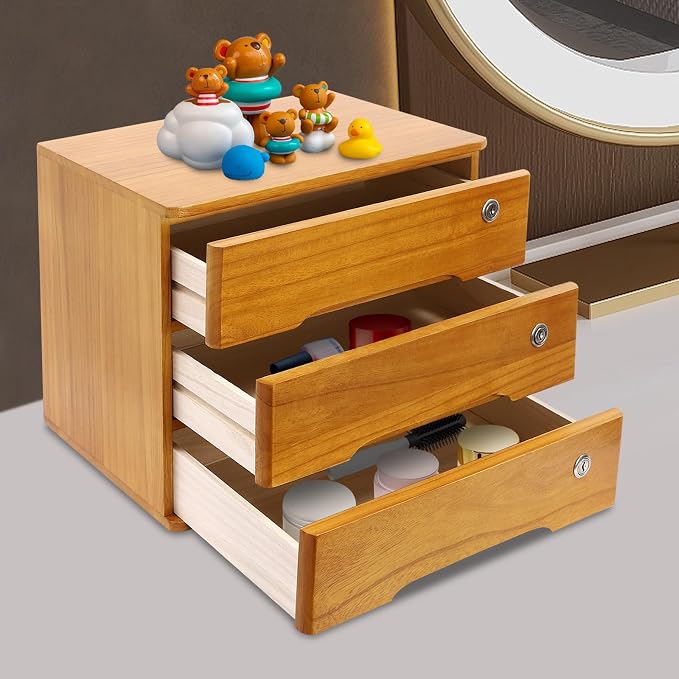 Desktop Storage Organizer Countertop Storage Cabinet with Lockable Drawers Wooden Desk Organizer for Office Supplies File Jewelry Accessories (3 Tiers)