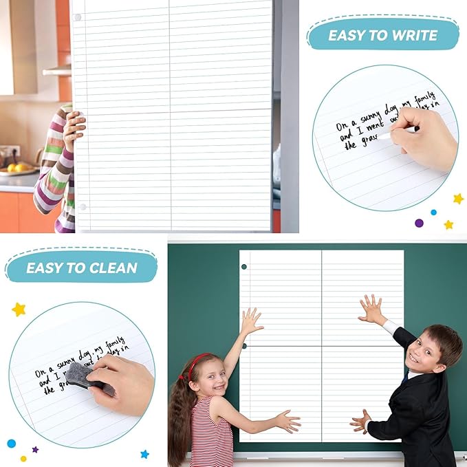 Jumbo Magnetic Dry Erase Notebook Paper 24x28in Magnet Handwriting Lined Paper for Classroom Whiteboard Writing Chart Giant Magnetic Newsprint Handwriting Story Paper Homeschool Teaching Supplies