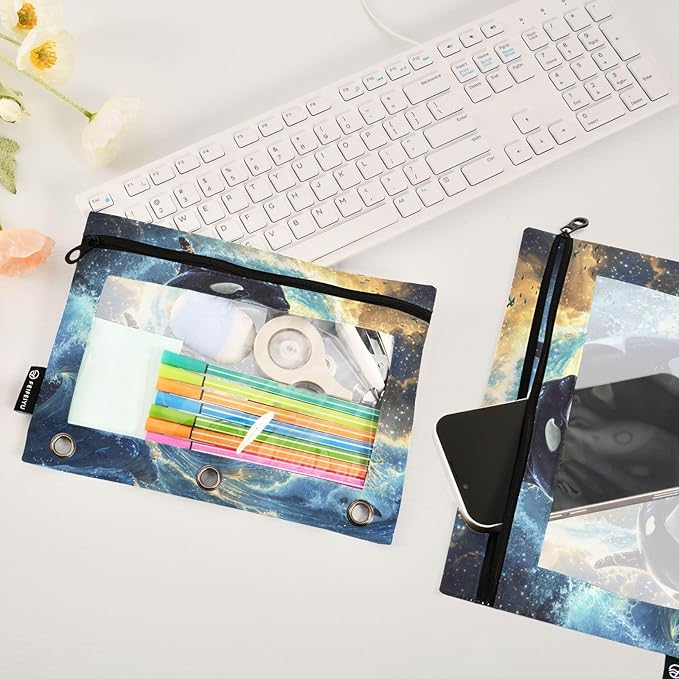 2 Pack 3 Ring Binder Pencil Pouch Dolphin Pencil Case Pencil Bags with Zipper, Clear PVC Binder Pockets for Office Daily Supplies