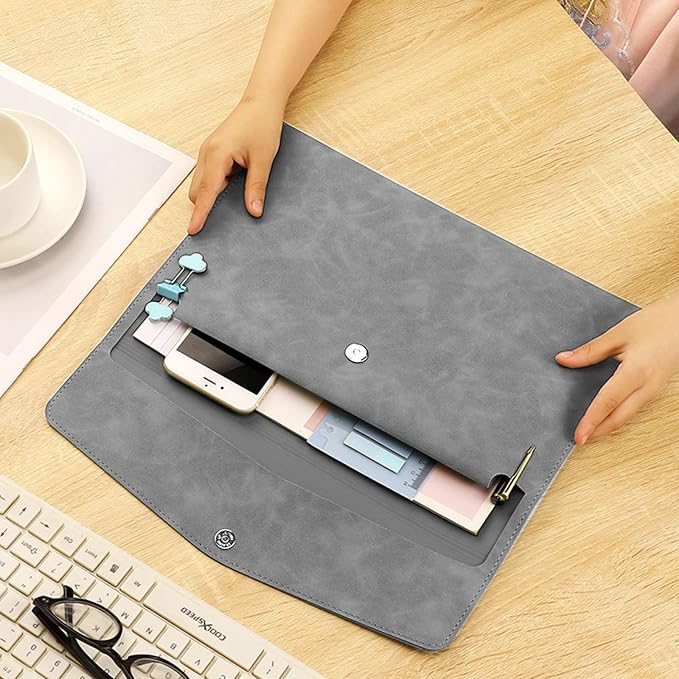 PU Leather Document File Folder,Thin A4 Folder Envelope File Organizer Storage Bag, Receipt Contract Case with Magnetic Closure (Grey)