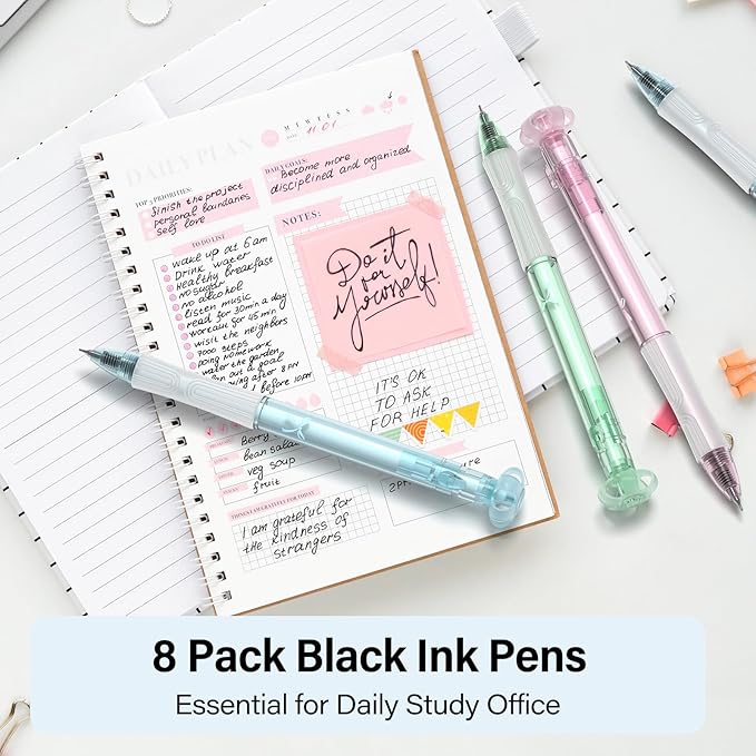 0.7mm Gel Pens - Cute Aesthetic Journaling Pens, 8pcs Black-Ink Quick Drying Smooth Writing No Bleed, Soft Grip Retractable Pen Gift for Women