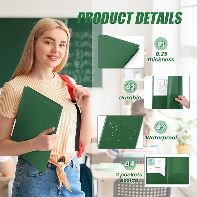 Gueevin 100 Pack Plastic Folder with Pockets, 2 Pocket Folders, Plastic Glossy Folders Fit Letter Size Paper, Heavy Duty Durable File Folder with Business Card for Home Office School (Dark Green)