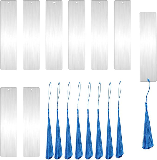 9 PCS Metal Blank Bookmark with Hole, 5.12" Stainless Steel Rectangle Engraving Stamping Tags, Sublimation Bookmark with Tassel for Reading Office Supplies