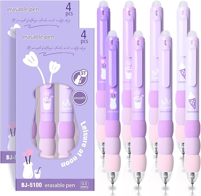 8Pcs Cute Purple Erasable Pens Aesthetic Retractable Erasable Gel Pens Cartoon Erasable Gel Ink Pens 0.5mm Black Ink - Retractable, Office School Supplies