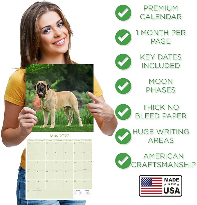 Mastiff Calendar 2026 by MegaCalendars – Monthly Dog Breed Wall Calendar, Made in USA