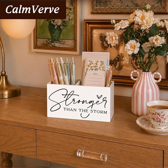 Inspirational Pen Pencil Holder for Desk, Inspirational Gifts for Women Men, Stronger Than the Storm Motivational Pencil Holders Wooden Box Organizer for Home Office Desk Tabletop