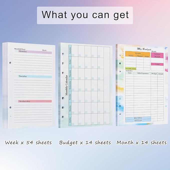 Toplive 3 Pack A5 Planner Refill 82 Sheet Colored Monthly Weekly Planner Refill Paper 6 Hole Budget Sheets Expense Tracker Inserts for A5 Binder Cover Bill Saving Organizer, Colorful