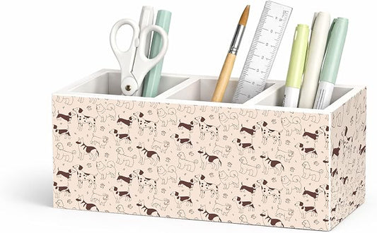 Cute Dog Pattern 3-Compartment Desk Organizer, Wooden Pencil Holder for Pens, Pencils, Scissors & Rulers, Fun Dog Design for Home, Kids, Office
