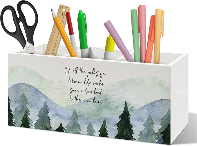 Inspirational Mountain Forest Pen Holder Organizer, Motivational Desk Decor, of All the Paths You Take in Life Wooden Pen Pencil Holders for Home Office Desk Accessories