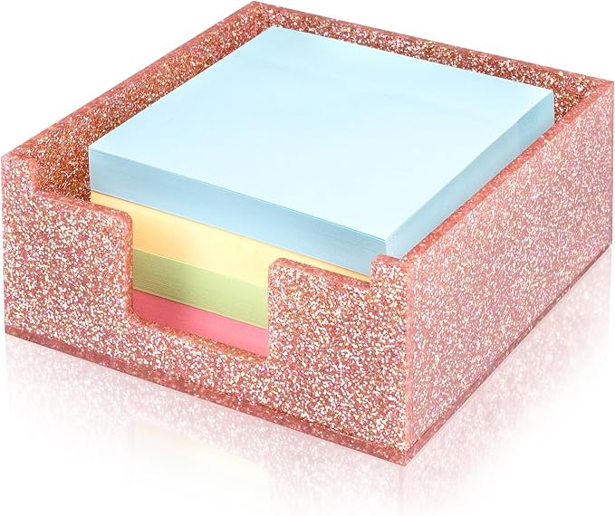 Light Pink Sparkling Sticky Note Holder, Glitter Acrylic Organizer, 3.94 x 3.94 in Multi-Use Tray for Office, School & Home Desk