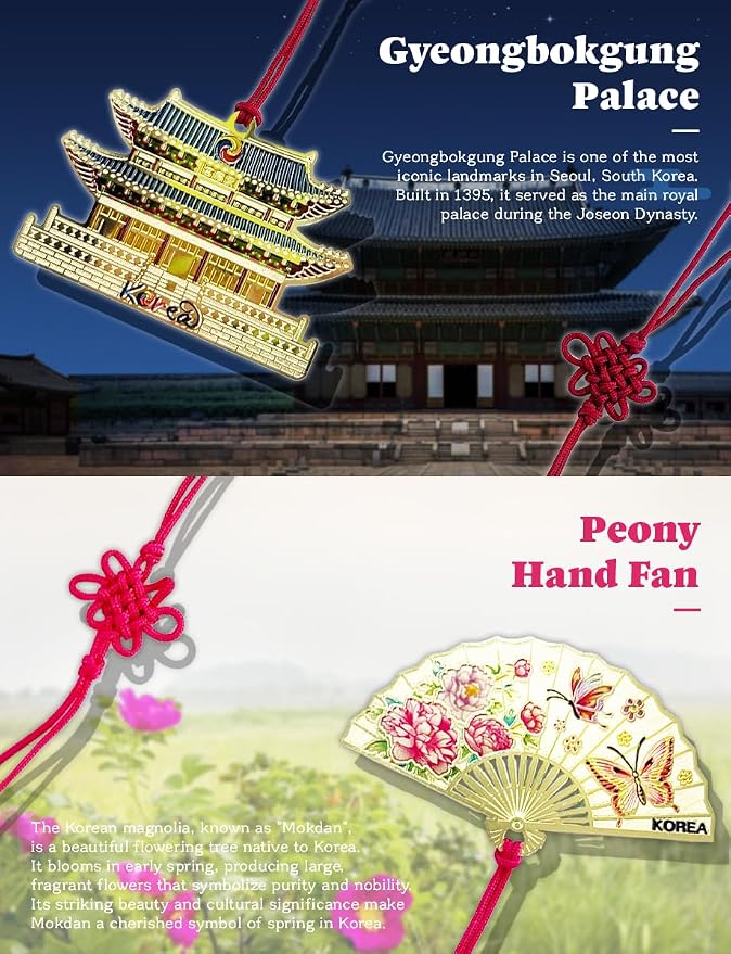 4 Pieces Metal Bookmark (Mandarin Duck, Plum Blossom, Gyeongbokgung Palace, Peony Hand Fan) + 4 Envelopes - Korean Traditional Bookmark 책갈피 원앙, 매화꽃, 경복궁, 목단부채