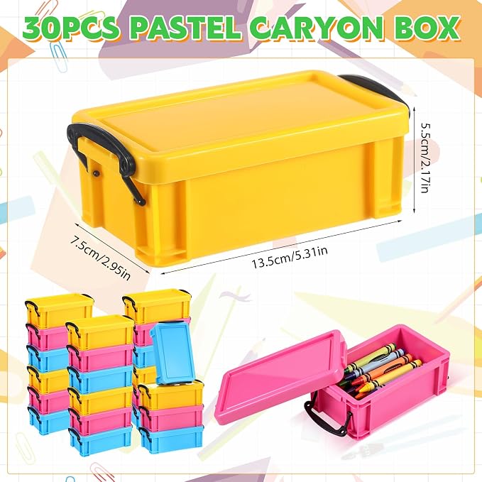 Briwooody 30 Pcs Color Plastic Crayon Box with Lid Color Clear Crayon Organizer Stackable Storage Container Bulk Pastel Holder Case for Office School Classroom Supplies Pen Pencil Art(3 Colors)