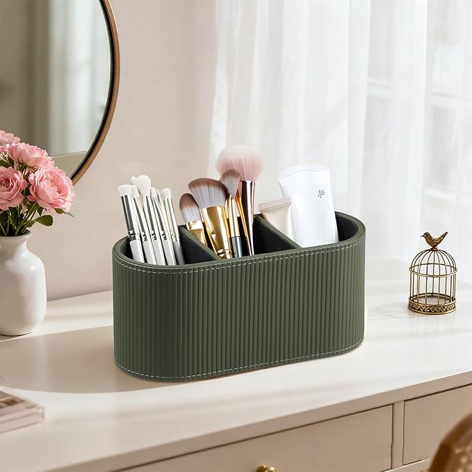 Aesthetic Remote Control Holder, PU Leather Remote Holder Desktop Organizers with 3 Compartments for Home Office Supplies and Accessories, Stylish Bedside Nightstand Organizer (Green)