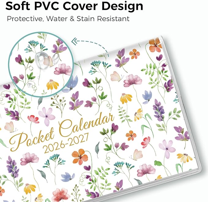 Pocket Calendar 2026-2027 for Purse, 2026-2027 Pocket Planner 24 Months with Soft Waterproof Cover and Premium Paper, 6.5" x 3.5", Bloom