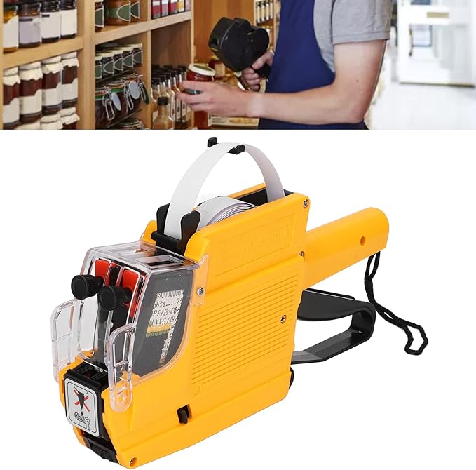 Price Tag Gun, 10 Digits 2 Lines Labeler Marker Attacher Tool for Office Retail Store 2 Row Price Tag Gun Kit with Label Stickers and Ink Rolls (Yellow)