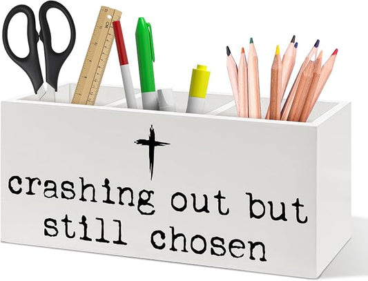 Christian Cross Pen Holder, Christian Gifts for Women Men Office Pen Pencil Holder Organizer for Desk Accessories, Bible Verse Religious Wooden Box Desk Decor for Home Office Desk Decorations
