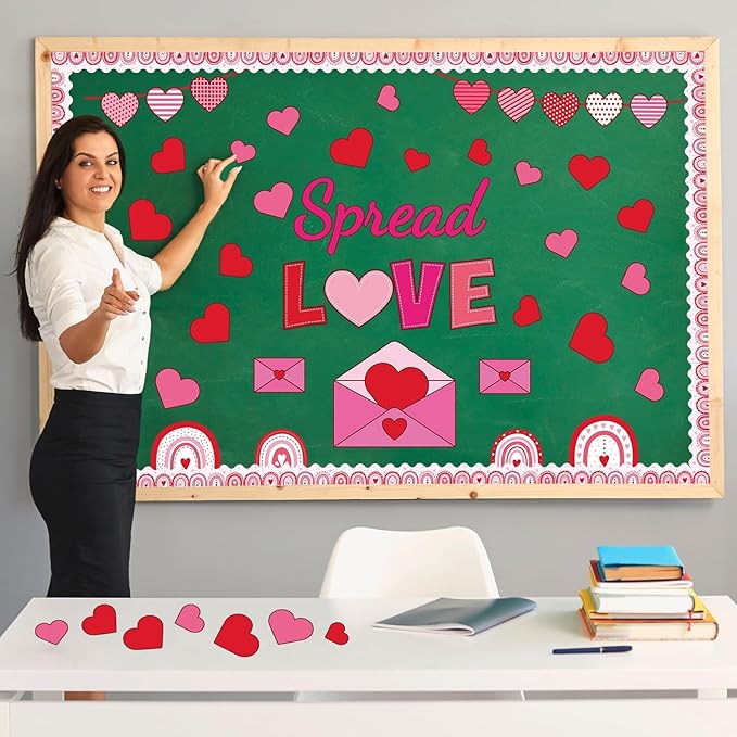 Spread Love Valentine's Day Bulletin Board Decorations Valentines Day Classroom Bulletin Board Border Rainbow Envelopes Red Pink Paper Heart Cutouts Valentines Party Supplies School Office Wall Decor