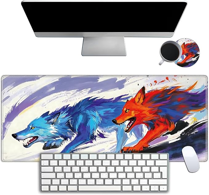 Mouse Pad Gaming Mousepad 31.5x11.8 Inch XXL Large + Coasters,Desk Mat with Stitched Edges, Non-Slip Rubber Base, Thick Mouse Pad for Computer, Laptop, Office & Home - Watercolor Wolf