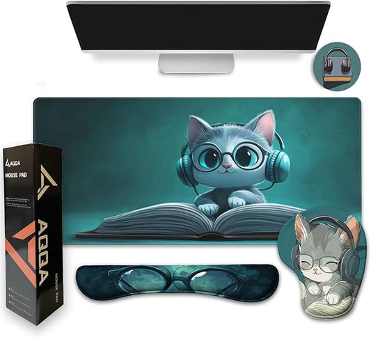 AQQA Mouse Pad Set,Ergonomic Mouse Pad with Wrist Rest,Comfortable Mousepad with Smooth Wrist Support Surface and Non-Slip PU Base forHome Office Desk Accessories Decor Supplies,Cute Cat
