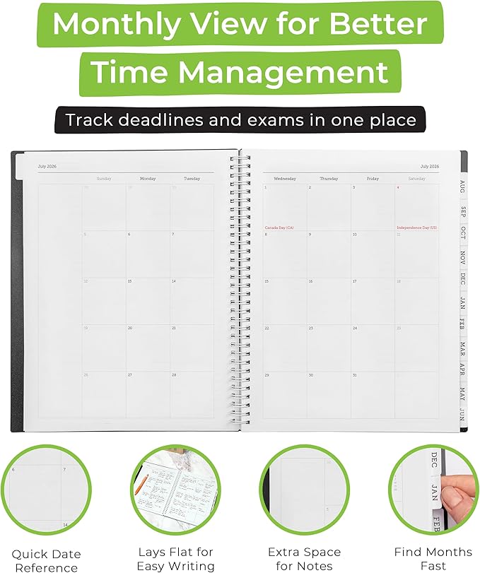 WallDeca Academic Planner 2026-2027, Daily, Weekly & Monthly Planner, July 2026 - June 2027, Student Notes Pages, Twin-Wire Binding Day and Weekly Agenda for School & Work (8.5 x 11-Inches, Black)