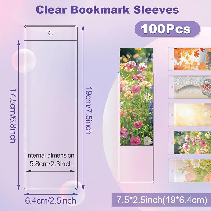 100 PCS Clear Bookmark Sleeves, 7.5 x 2.5 Inch Blank Bookmark Holder Large Clear Photo Booth Sleeves with Hole Book Marker Cover Holder for Wedding Valentine’s Party Favor Decoration