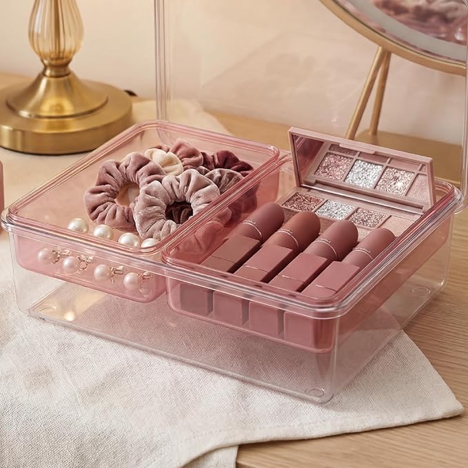 MOSSRIVER 5 Pack Clear Drawer Organizer Set, Plastic Desk Organizer Bin with Lid & Trays, Colorful Storage Box with Removable Trays for Cosmetics, Jewelry, Bedroom, Bathroom, Office, Combo 08