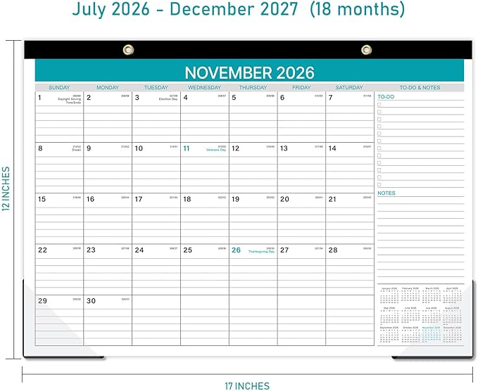 Desk Calendar 2026-2027 - Calendar 2026-2027 from July 2026 to December 2027, 12'' x 17'', 18 Monthly Desk Calendar with Ruled Blocks for Planning