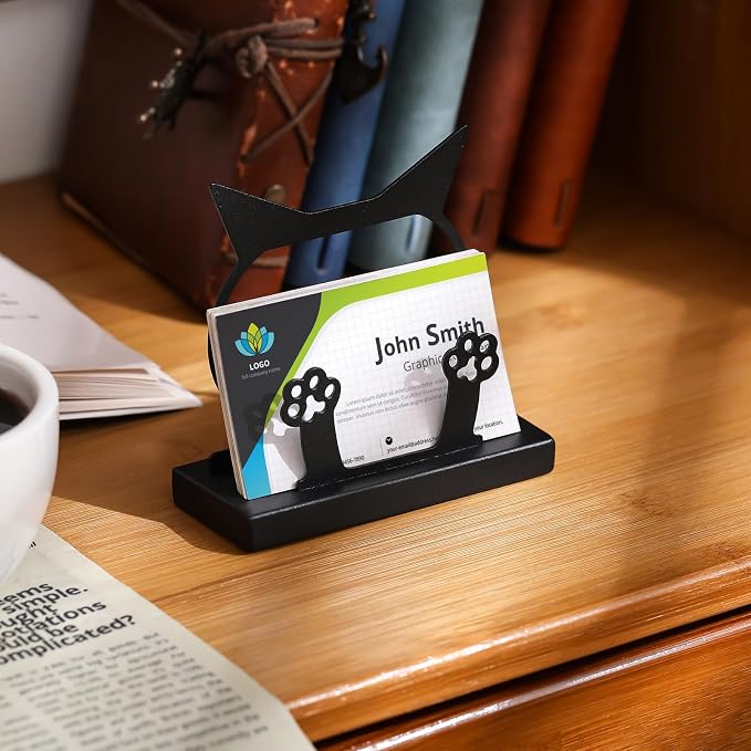 MorningRo 2 Pcs Cute Business Card Holder Cat Paw Print Metal Black Card Holder Cat Desk Accessories Organizer Display Stand for Women Office Supplies Coffee Shop Ideal Gift