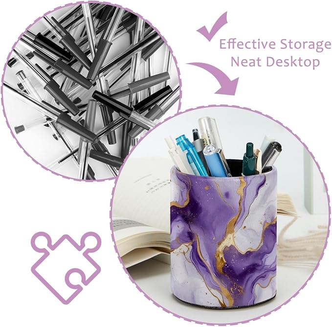White and Purple Marble Art Leather Pen Holder for Desk, Multifunctional Desktop Organizer Pencil Cup, Desktop Caddy Stationery Organizer for School Home Office Desk Accessories