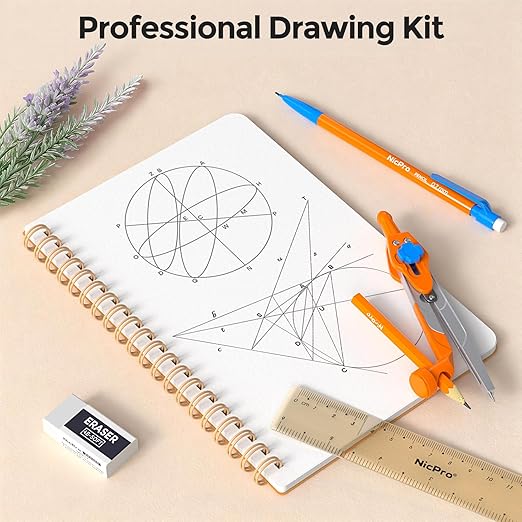 Nicpro 17 PCS Compass Geometry Set for Students, Drafting Tools Math Protractor Compass with Rulers, Mechanical Pencil, Square Set, Box of Protractors Kit for Class Supplies, Back to School Supplies