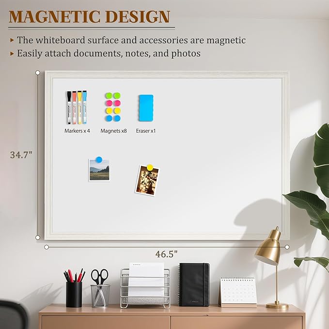 Large White Board for Wall, 46.5''x34.7'' Magnetic Dry Erase Board, 4'x3' Decorative Whiteboard with White Vintage Wooden Frame, Hanging Writing Board for Home Office School Classroom