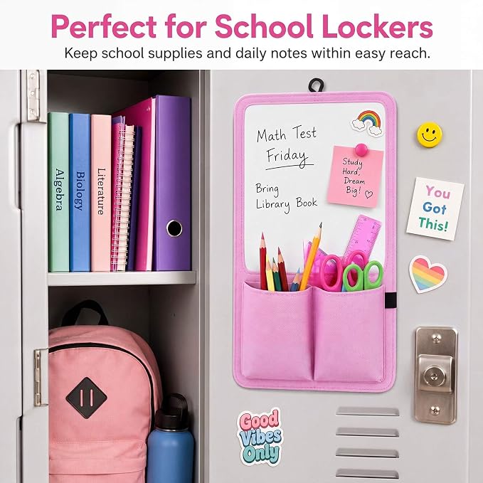 Briwooody Magnetic Locker Organizer 7.8 x 12.6 Inch Locker Accessories Magnetic White Board with Holder Bag Back to School Holder Bag First Day of School Supplies for Cabinet Refrigerator(Light Pink)