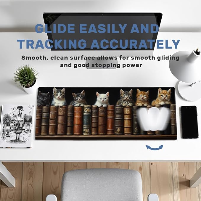 Library Cat Gaming Mouse Pad Large Desk Mat Vintage Bookshelf Kitten Mousepad Computer Keyboard Pad Mouse Mat Laptop Mat 31.5 x 11.8 Mouse Pads for Desk Home Office Gaming