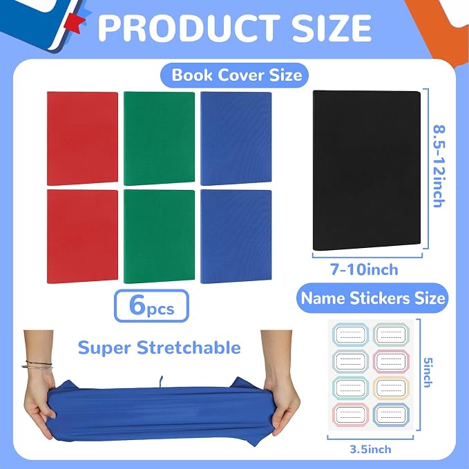 QOUBAI Jumbo Stretchable Book Cover 7PCS Reusable Fabric Book Cover with Label 9x11in Black Blue Green Red Protective Sleeve Hardcover Book Textbook Cover for School Fit Most Book Size Up to 10x12.5in