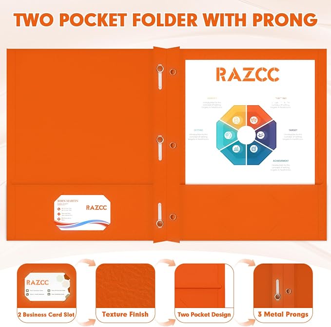 Two Pocket Folders, RAZCC 75 Pack Two Pocket Folders with Prongs, 3 Prong Folders Fit Letter Size Paper, Pocket File Folders for School Office Home Business, Orange