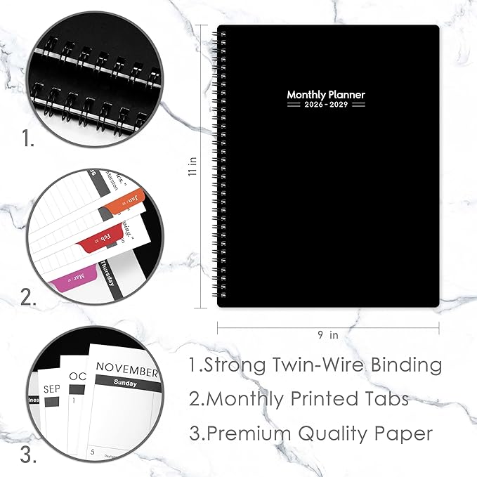 2026-2029 Monthly Planner - 3 Year Planner 2026-2029, JUL 2026 - JUN 2029, 36 Months Calendar Planner, 9" x 11", 3 Year Monthly Planners 2026-2027 with Colorful Tabs, Pocket, Notes - Black