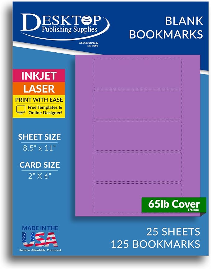 Printable Bookmarks - Blank Bookmark Printing Paper for Inkjet & Laser Printers - 2" x 6" Perforated Bookmarks 5 per Page - 25 Sheets / 125 Book Marks (Bright Purple)