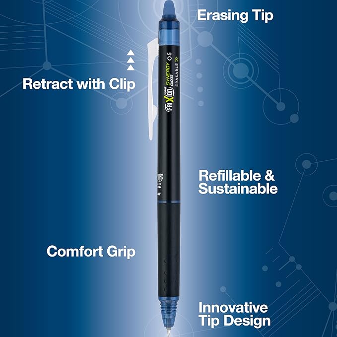Pilot FriXion Synergy Clicker Erasable, Refillable, Retractable Gel Ink Pens, Extra Fine Point 0.5 mm, 1 Count (Pack of 12), Navy, FriXion Erasable Pens 0.5 - Ideal for School & Office Writing