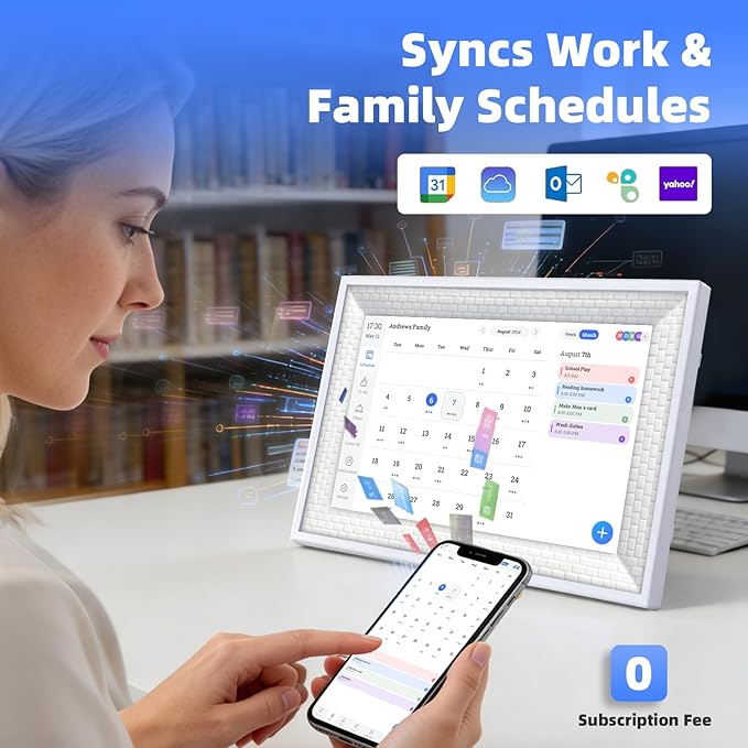 10.1" Smart Digital Calendar Display - WiFi Family Command Center & Chore Chart, Syncs Apple/Outlook/Google Calendar, Touch Screen Daily Planner, No Subscription (White Grid)