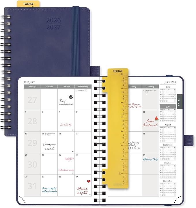 POPRUN 2026-2027 Monthly Planner, Small 4" x 6.25", 18 Month Calendar Agenda (July 2026 - December 2027) with Expense Tracker, Notes Pages, Sprial Bound, Leather Softcover - Navy Blue