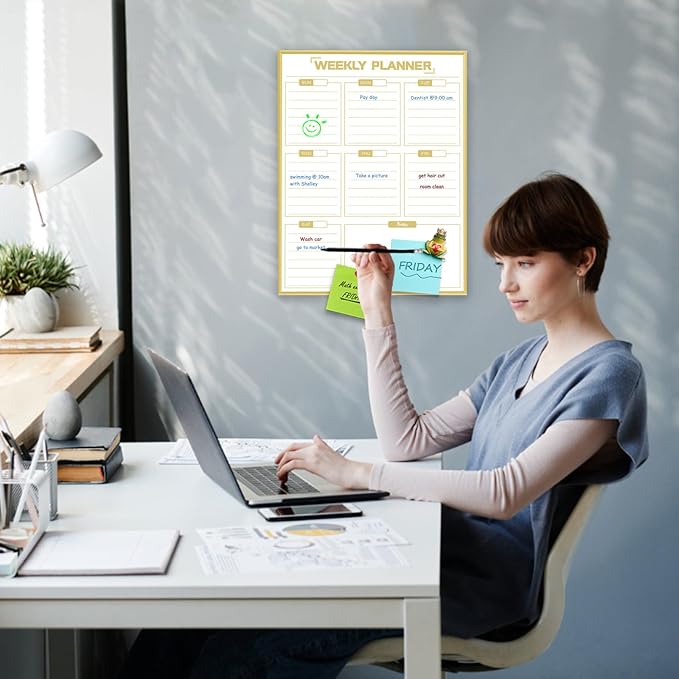 Dry Erase White Board Weekly Calendar Board, Magnetic Whiteboard for Wall, Gold Aluminum Frame Message Board, Vertical, 17“x13“, Planner Board for Office, Home, Schooll(Weekly-BB-Gold-3343-R)