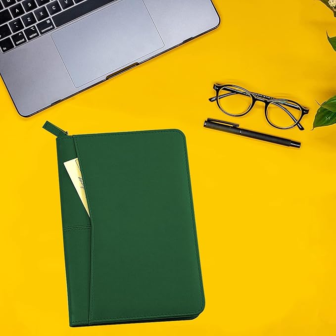 Lcjtop Junior Business Padfolio - A5 PU Leather Portfolio Binder & Zippered Binder Folder with 5 x 8 Writing Pad and Interior Storage Pocket Executive Business Organizer for Women,Dark Green