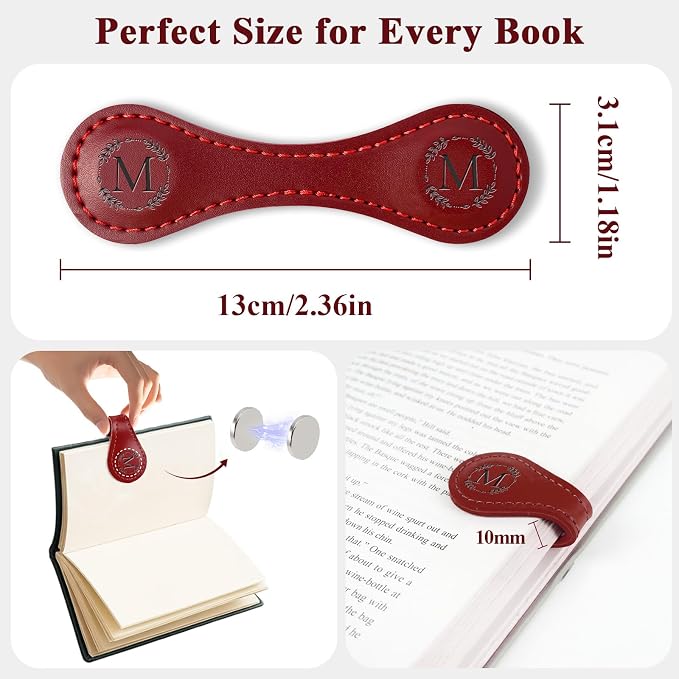Personalized Leather Magnetic Bookmark with Pen Holder – Custom Initial Design for Readers（RED-N）