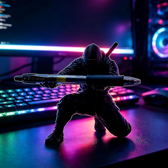 Ninja Warrior Pen Holder, 3D Printed Desk Organizer Stand with Sword and Weapon Accessories, Black, Set of 2