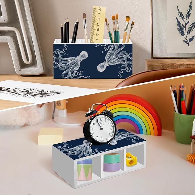 Navy Blue Octopus Pen Pencil Holder for Desk, Coastal Octopus Office Desk Accessories, Nautical Octopuses Gifts Pen Holders Organizer for Classroom Bathroom Kids Women, Navy Blue Office Decor