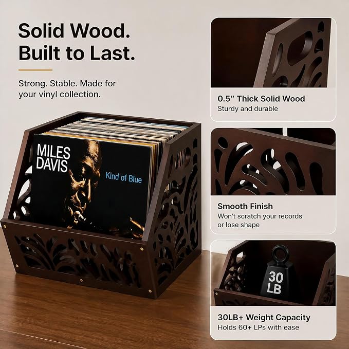 Vinyl Record Storage Box 60+ LP Record Holder Crate, Vinyl Organizer Storage Rack for Album Storage, Espresso Vintage Finish Home Decor