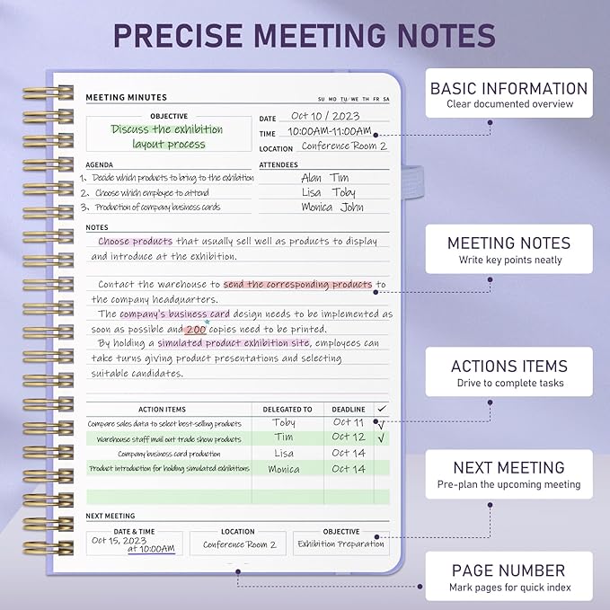 WEMATE Meeting Notebook for Work B5 (7"x10") - PU Leather Work Notebook with Agenda, Action Items & Notes - 200 Pages for Men&Women, Staff and Students, Meeting, Projects Planning - Light Purple